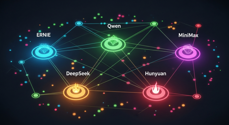 A futuristic network diagram showing five major Chinese AI models—ERNIE, Qwen, DeepSeek, Hunyuan, and MiniMax—as glowing circular nodes in blue, green, orange, red, and purple, interconnected by lines representing collaboration and competition in China's open-source AI ecosystem